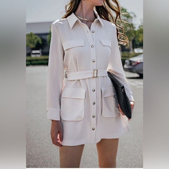 Zara Dresses & Skirts - ZARA Women’s XL Gold Button Utility Belted Shirt Dress Ivory Cream Butter White